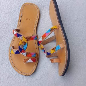 Classic Maasai beaded sandals handmade in Kenya with colorful beadwork and genuine leather sole