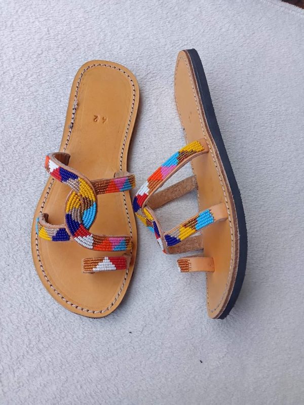 Classic Maasai beaded sandals handmade in Kenya with colorful beadwork and genuine leather sole