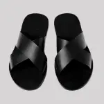 Black handcrafted leather sandals with braided strap design