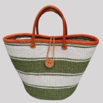 Handmade African woven basket bag with brown and white patterns and leather handles