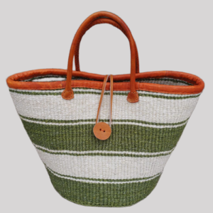 Handmade African woven basket bag with brown and white patterns and leather handles