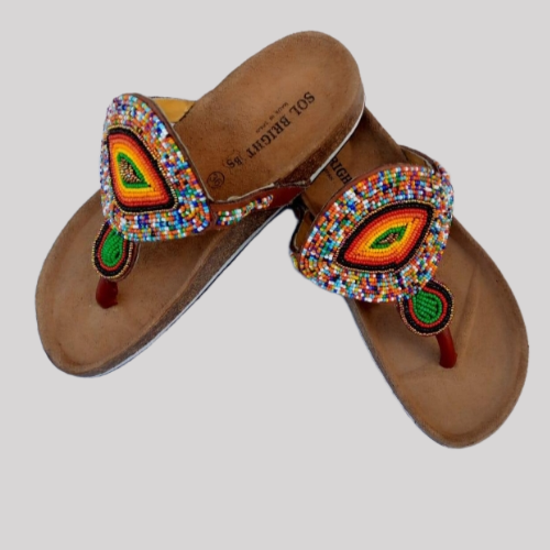 Handmade cork sandals with colorful African beadwork